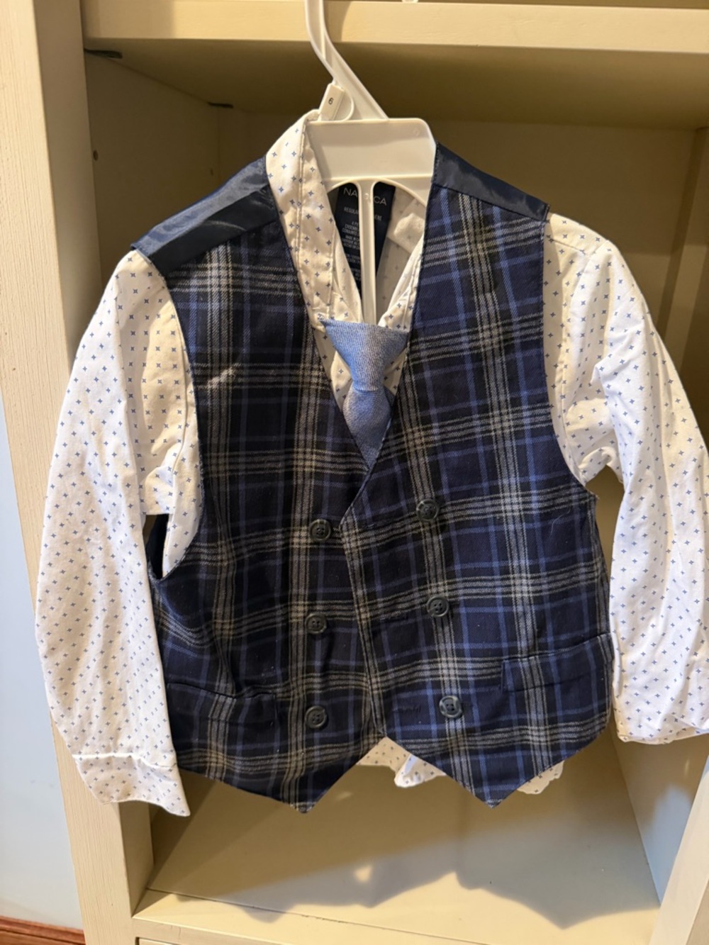 Nautica Navy Plaid Double-Breasted Vest with White Patterned Shirt and Blue Tie